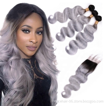 100%  Brazilian Virgin Remy Raw T1b/Silver Grey  Colour Human Hair Weave Bundles Extensions Weaving And Closure